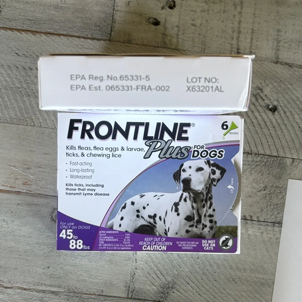 2 boxes of Frontline Plus Flea & Tick Control For Dogs 45-88 lbs. 6 Doses New - Picture 3 of 3